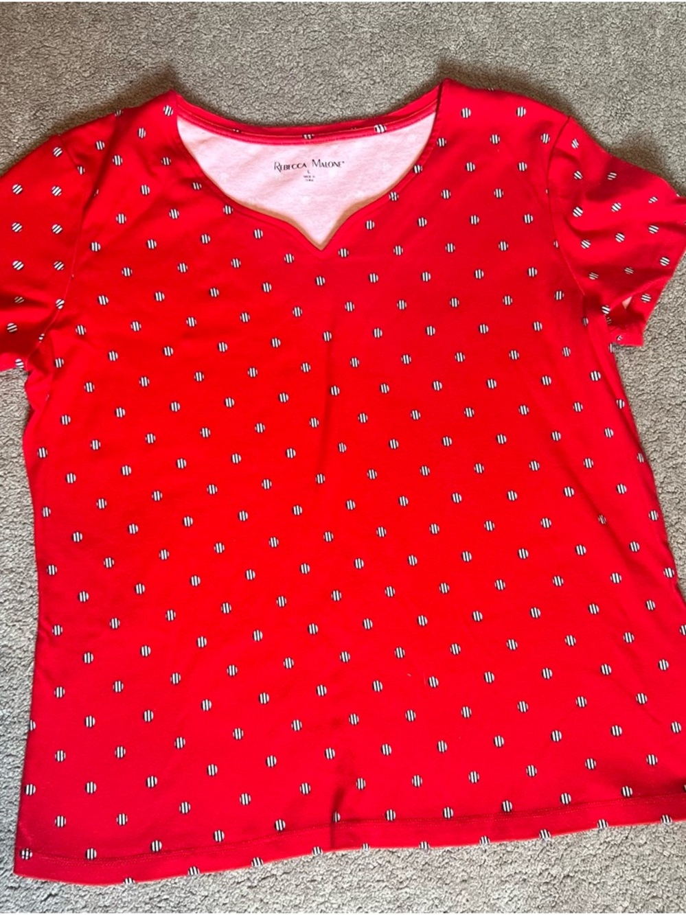 Rebecca Malone Red Short Sleeve Black and White Striped Dot Print Top